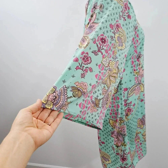 Hello Miss Womens Dress One Shoulder Bell Sleeve Mini Green Paisley Sz Small - Picture 5 of 14